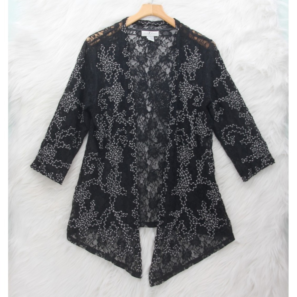 Once Again Open Front Top L Cardigan Embroidery Black Floral Whimsygoth Witchy